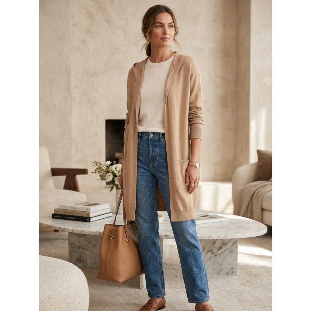 Tan Beige Hooded Longline Open Front Cardigan M Minimalist Neutral Clean Girl
